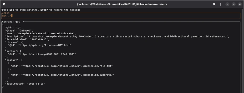 Screenshot of the terminal user interface which displays the properties of the root dataset entity